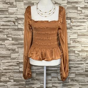MIXED THREADS Los Angeles Carmel Smocked Peasant Sleeve Ruffle Blouse